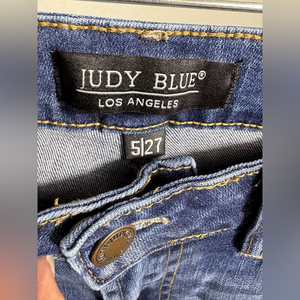 Judy Blue Plaid Cuff Mid Rise Slim Fit Distressed Denim Jeans Size 5/27 - Picture 6 of 12